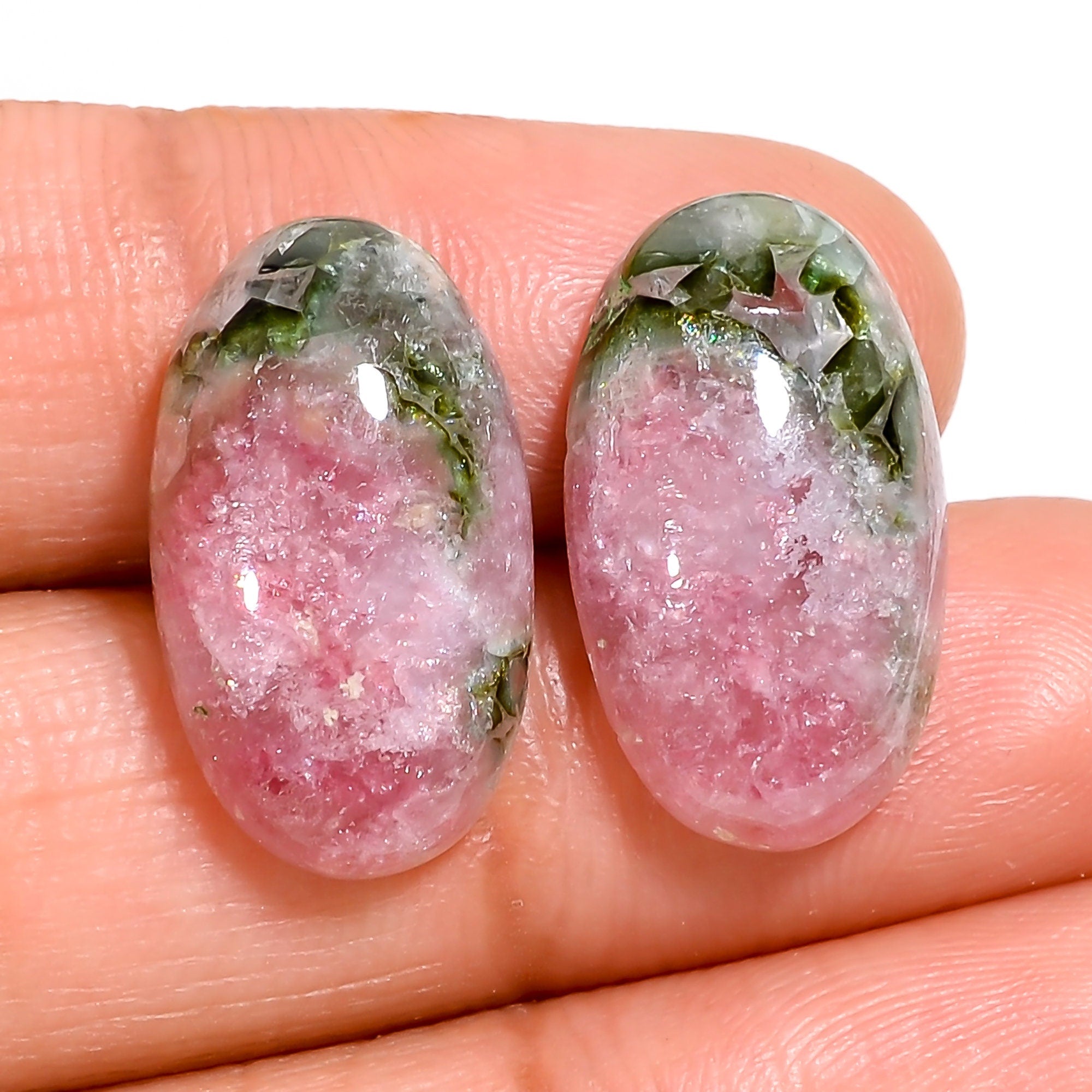 pink green tourmaline natural oval shape cabochon loose gemstone pair